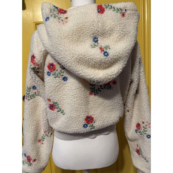 Urban Outfitter Sherpa Jacket Medium Nature Flower Hood Ribbed Waistband Zipper - Picture 6 of 15